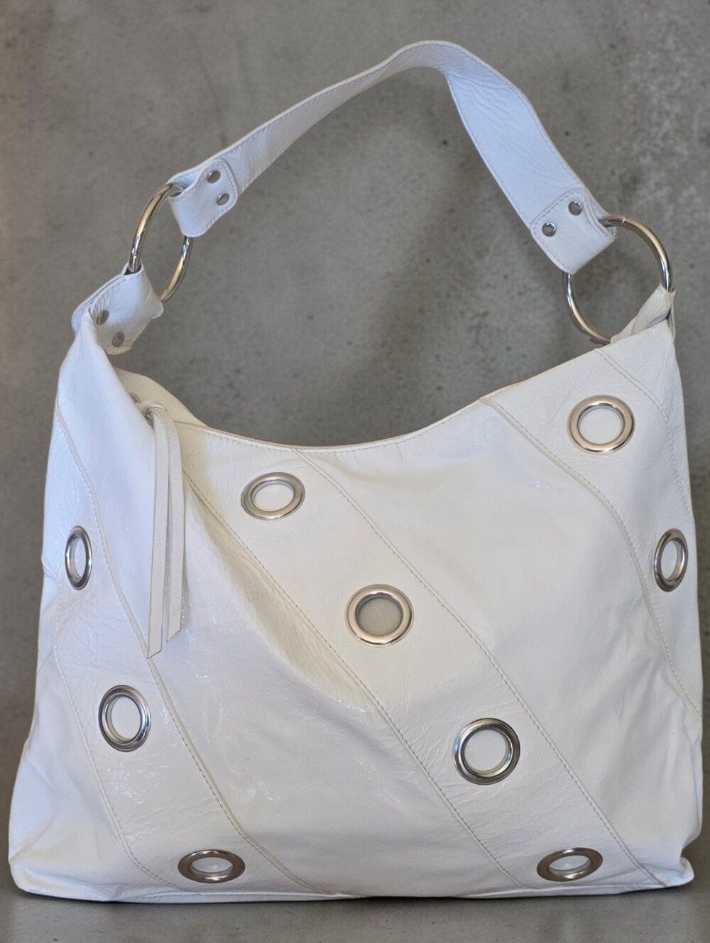 Mussio DeGroot Patent Leather White Grommet Large Tote Hobo Bag